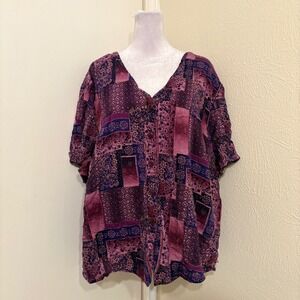 Casual Boho Hippie Purple Patchwork Print Button Down Top Short Sleeve 26W 28W